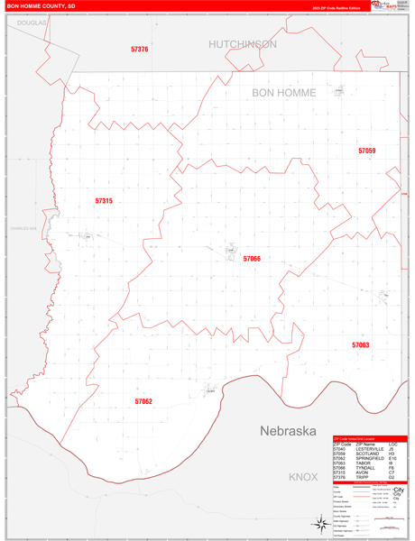 Bon Homme County, SD Wall Map Red Line Style